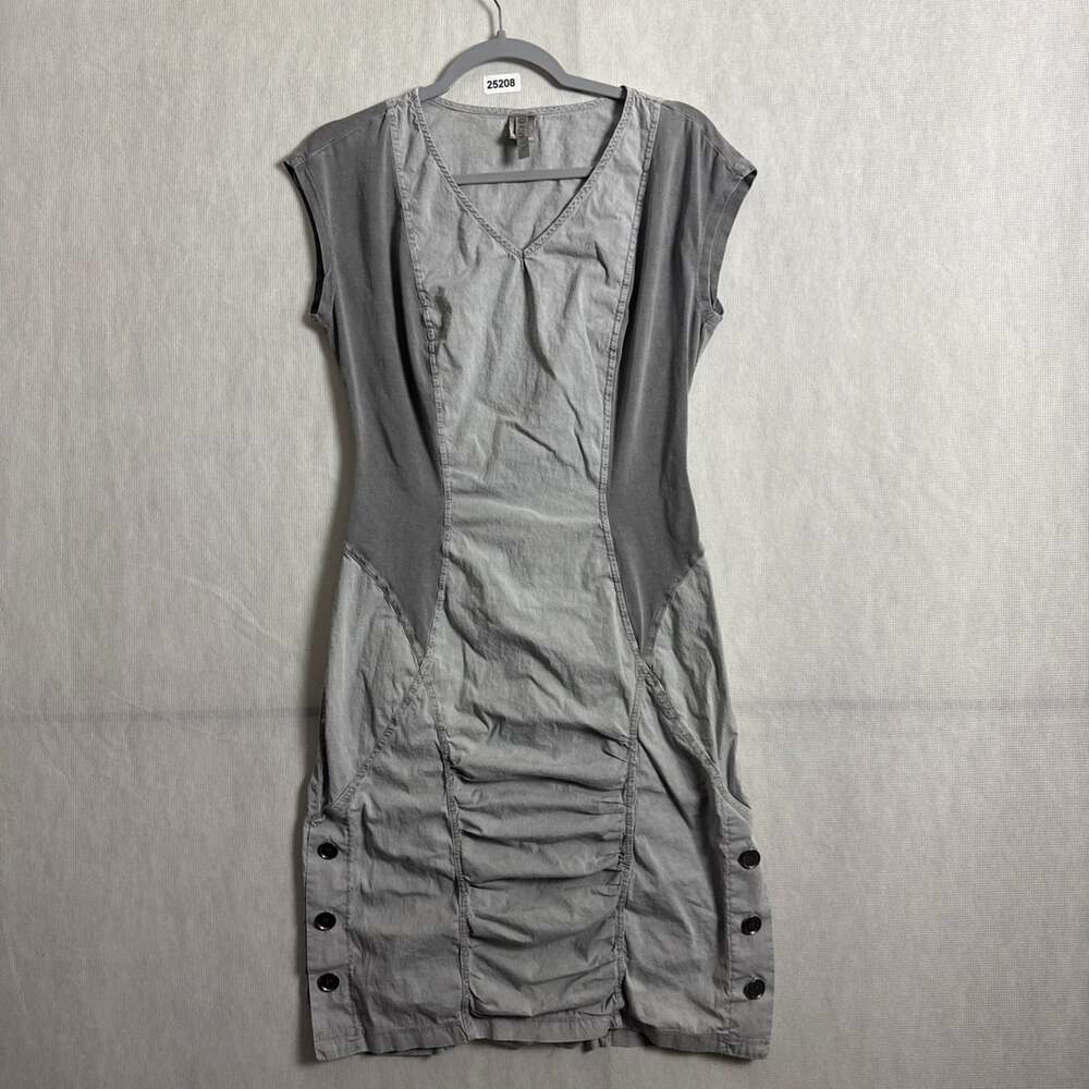 XCVI Women's XS Gray Poplin Ruched Side Button Midi Dress Lagenlook Boho-Chic